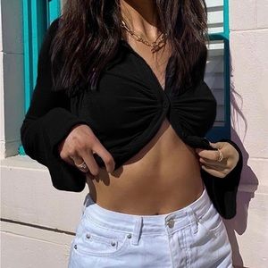 Women’s Black, Flared Sleeve Button-up Blouse (Large)